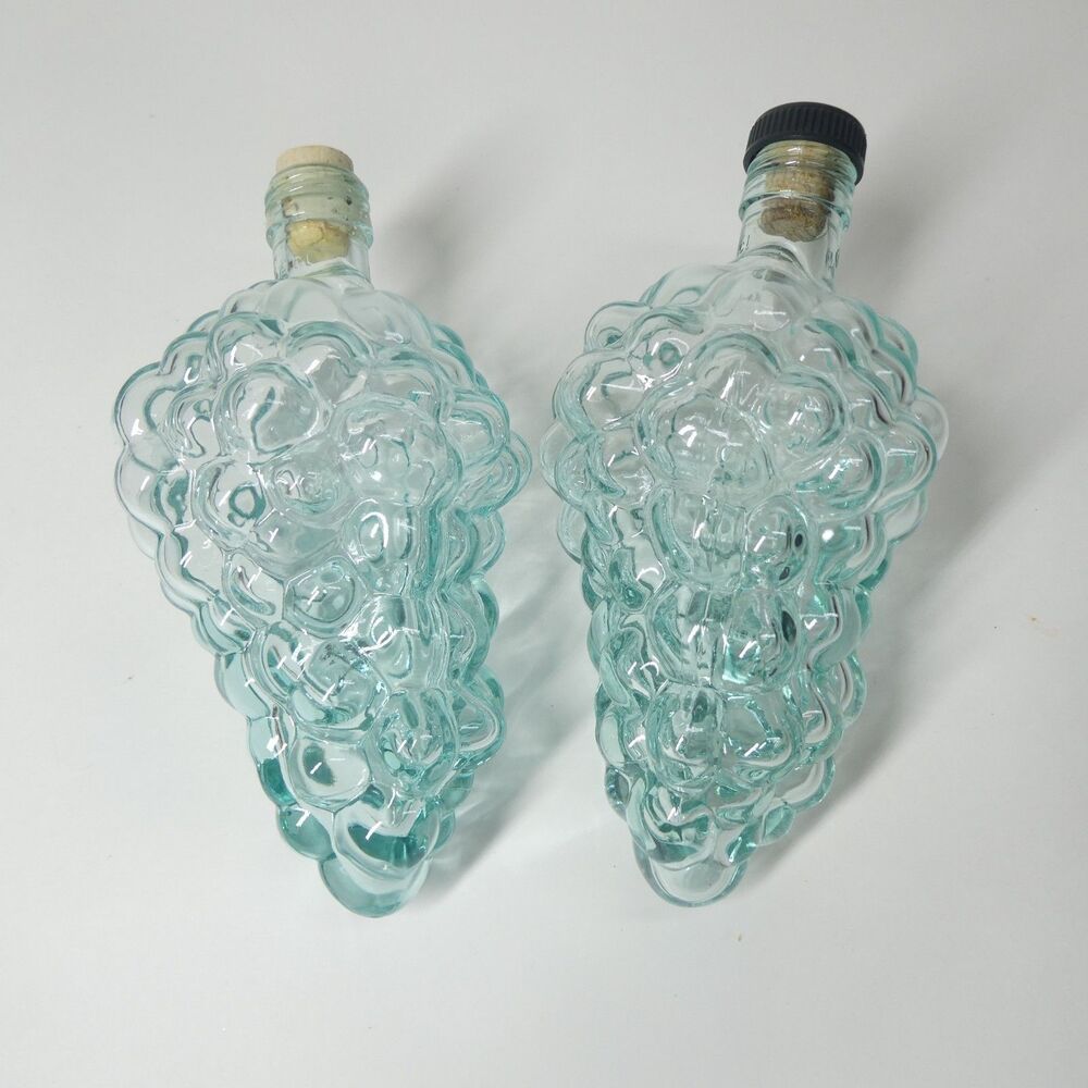 2 Grape Cluster Bottles Vintage Aqua Glass Bottle Pair 6" Long